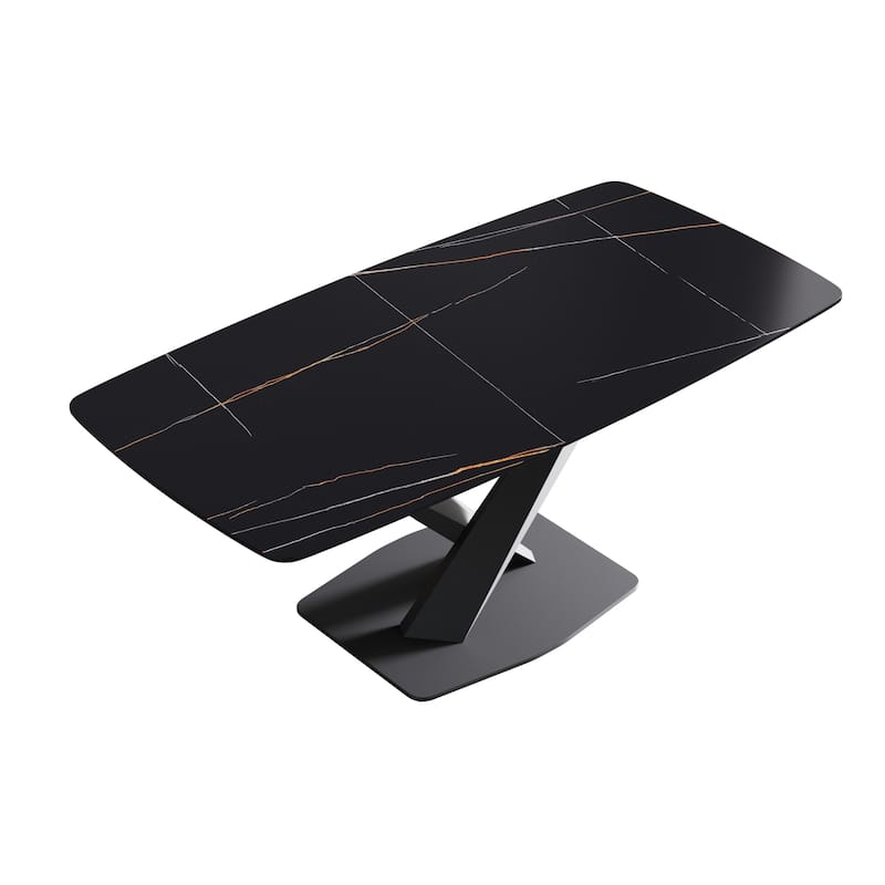 71"Marble Sintered Stone Dining Table with X-Shape Carbon Steel Pedestal