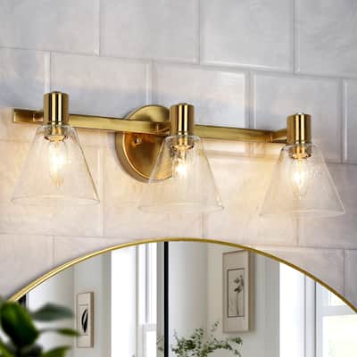 Modern Gold 3-Light Bathroom Vanity Light Seeded Glass Wall Sconce - Electroplated Gold - W21.5"xD6.5"xH7"