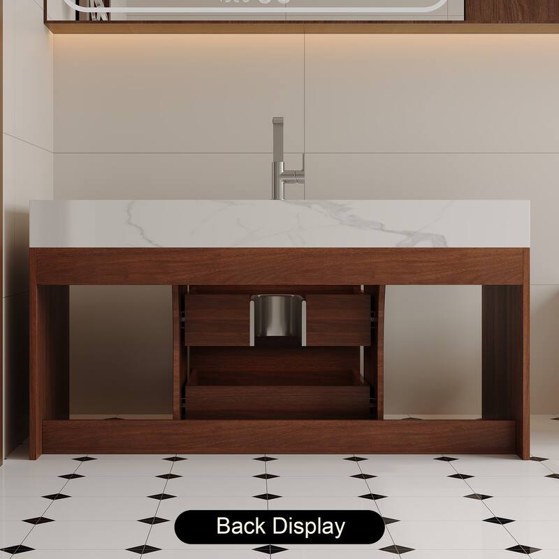 Modern Wall Mounted Bathroom Vanity Floating Storage Cabinet with Ceramic Sink, Faux Marble Countertop, Drawers and Open Shelves