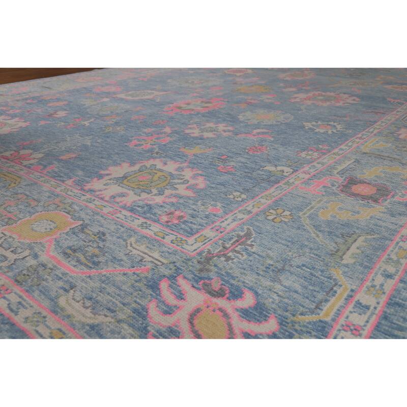 Hand Knotted Oriental 100% Wool Carpet Transitional All-Over Navy Blue & Blues Oushak Area Rug - 14' 0'' X 10' 1''