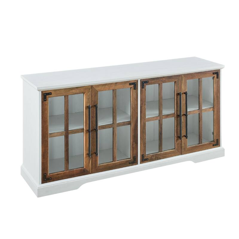 65" TV Stand with Windowpane Glass Doors - Modern Farmhouse Style and Adjustable Shelves - White