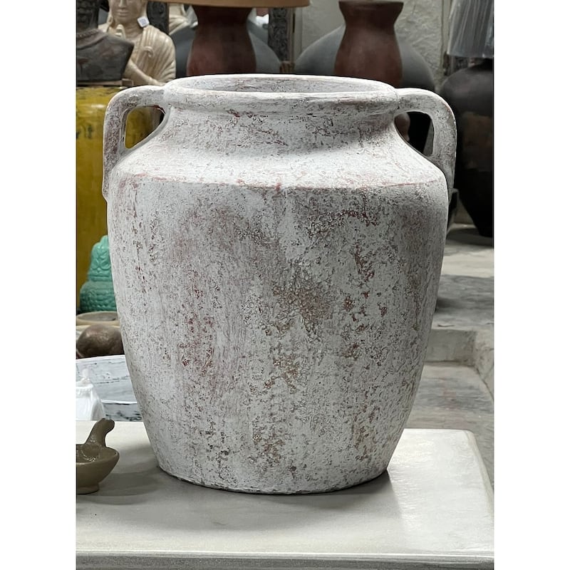 Approx. 16"H Vase Wide Opening with Two Handles Distressed White