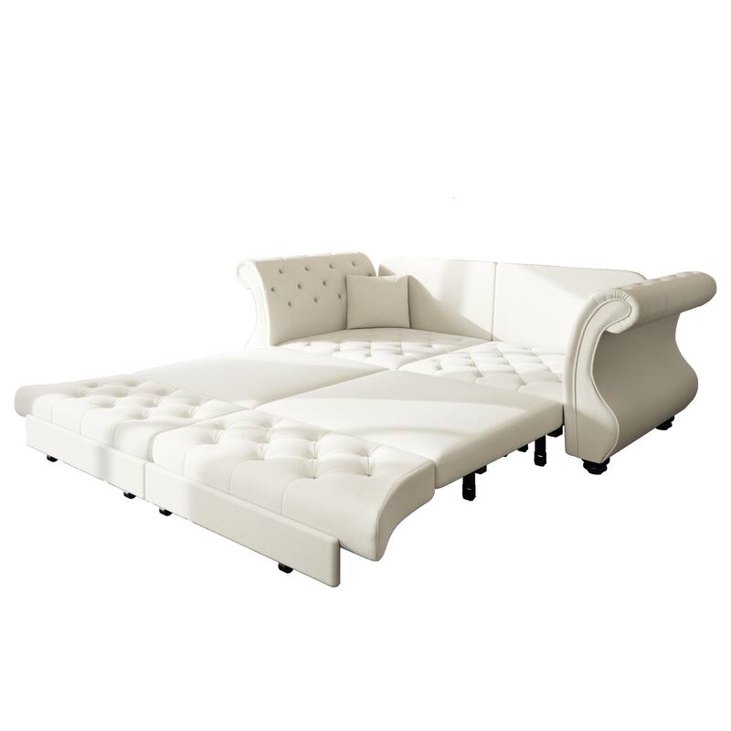83.8" Chesterfield Velvet Pull-Out Sofa Bed, Classic Roll Arm Sleeper Couch with Elegant Flower Tufting