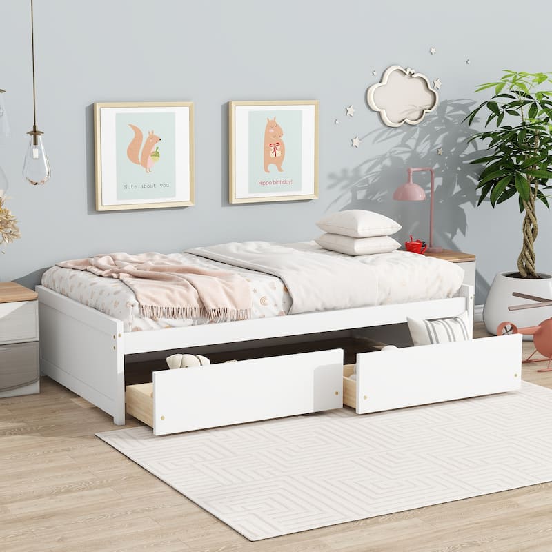 Twin Size Solid Rubber Wood Bed Frame with 2 Storage Drawers, Durable Wooden Platform Design