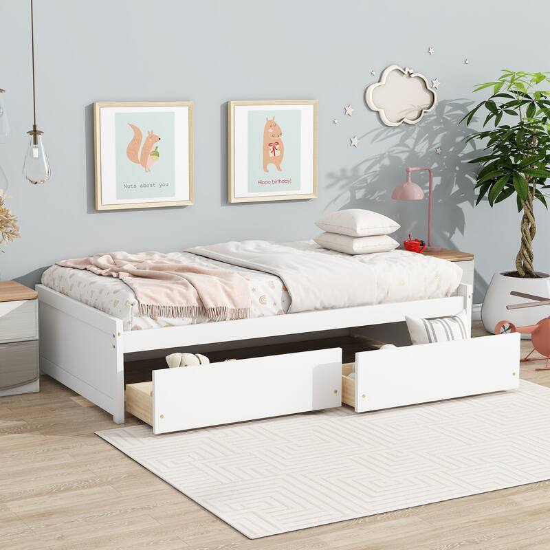Wooden Twin Size Kids Bed with 2 Drawers, Solid Rubber Wood Platform Bed Frame, No Box Spring Needed