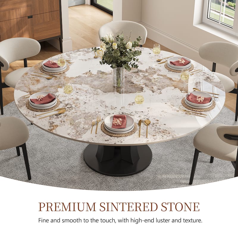 59" Round Sintered Stone Dining Table for 6-8, Glossy Pandora Table top