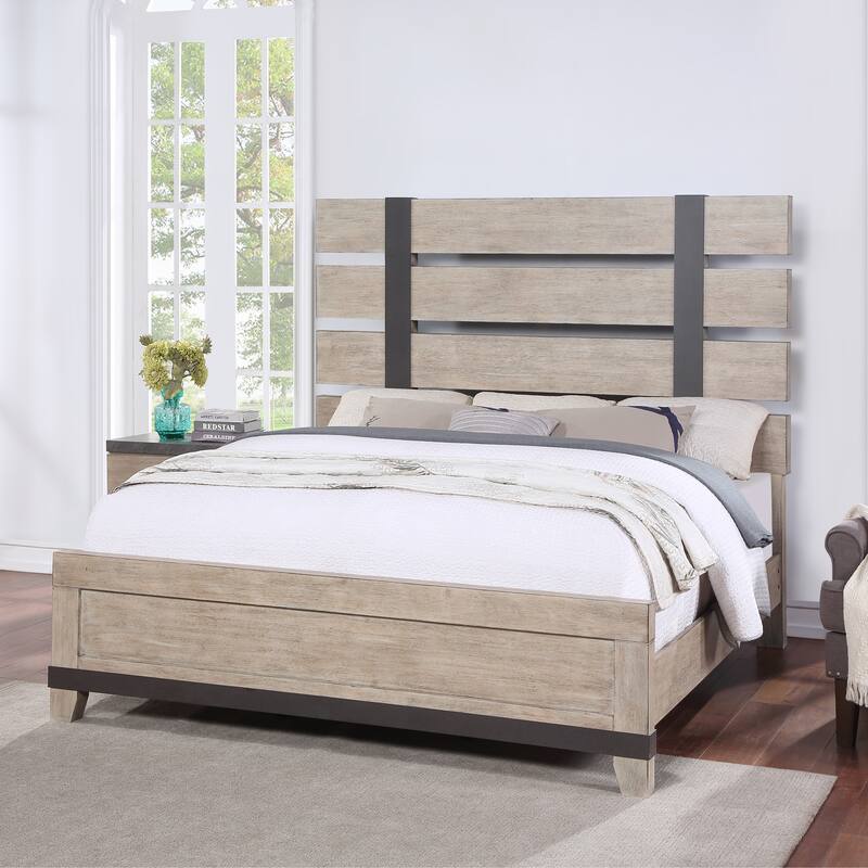 Roundhill Furniture Arbela Wood Slatted Panel Bed with Dresser, Mirror, and Two Nightstands, Weathered Oak Finish