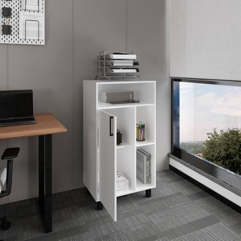 Base Cabinet, 1 Door, 3 Shelves, 4 Legs with durable engineered wood construction, White