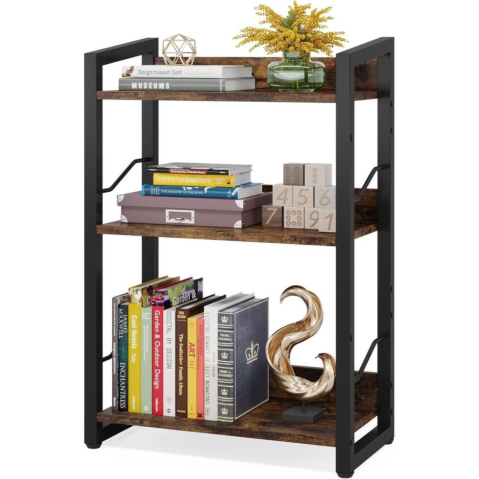 3-Tier Industrial Bookcase, Rustic Brown Narrow Storage Organizer with Edge Protection Metal for Bedroom/Office - 16.45x28.19