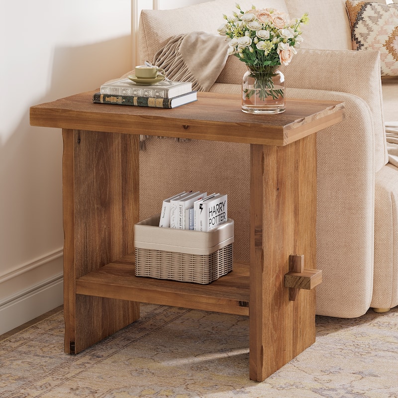 23.62" Solid Wood Farmhouse End Table with Storage - 1 Pack - Brown