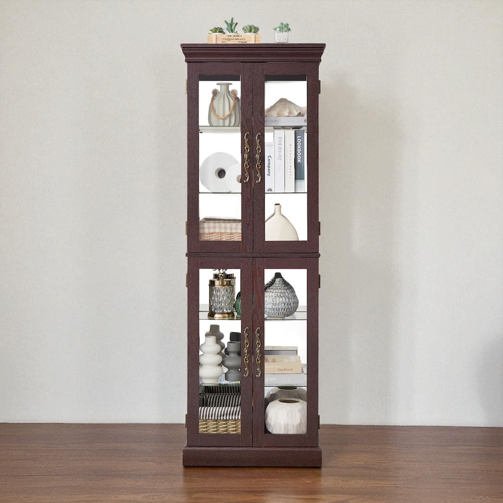 Lighted Glass Display Cabinet with Adjustable Shelves, Wood Frame and Glass Doors, Bulb Included