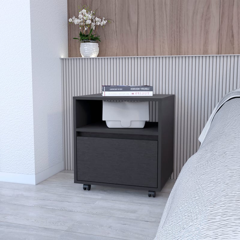 Compact and Stylish Black Nightstand with Durable Construction and Four Caster Wheels - Black - 1-drawer