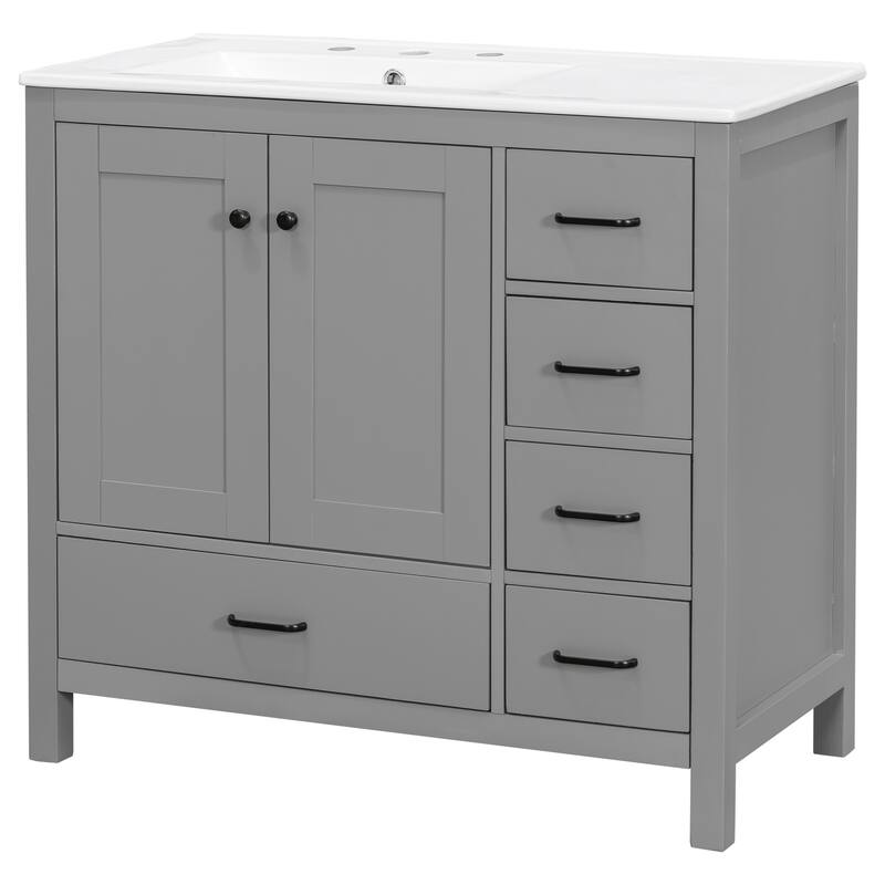 Bathroom Vanity with Ceramic Sink, Freestanding Single Basin Vanity Set, Bathroom Cabinet with 2 Soft Close Doors & 5 Drawers