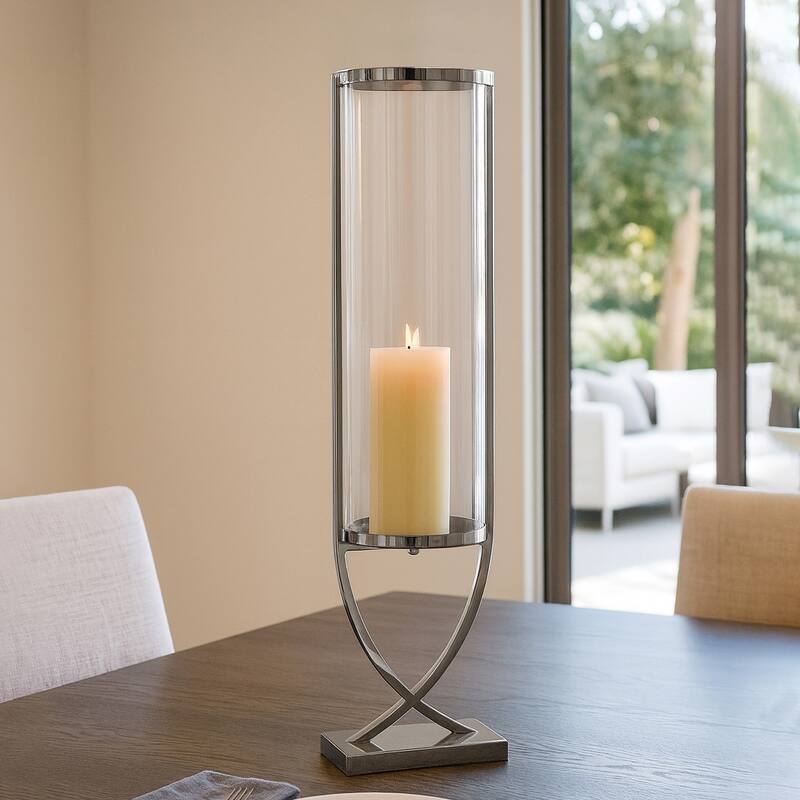 Modern Glass Pillar Candle Holder Decorative Lantern with Steel Frame - Silver/ Metallic - 31.0"