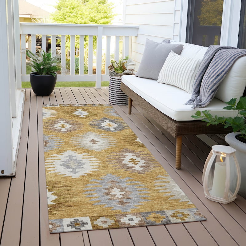 Machine Washable Indoor/ Outdoor Boho Tribal Chantille Rug - Gold - 2'3" x 7'6"
