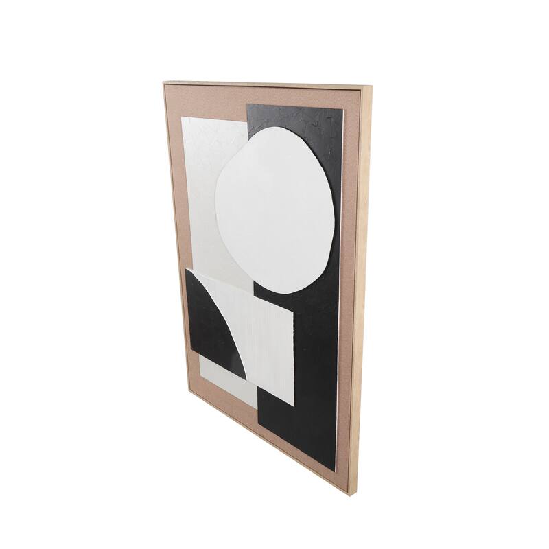 Brown Wood Textured Geometric Framed Wall Art with Abstract Black and White Shapes and Fabric Backing