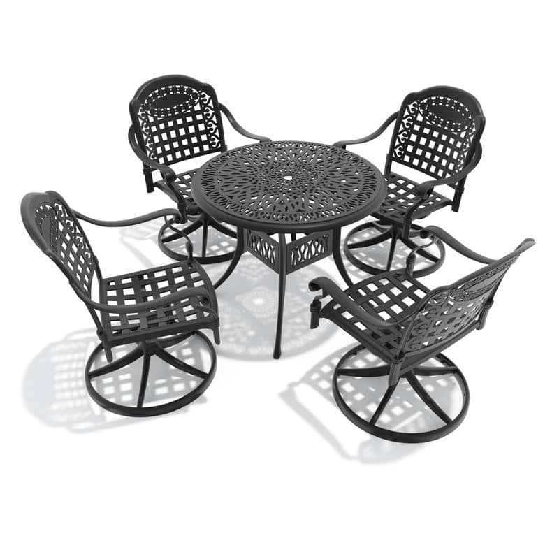 5-Piece Aluminum Round Outdoor Patio Dining Set, 4 Cushioned Swivel Chairs, Table, All-Weather Frames