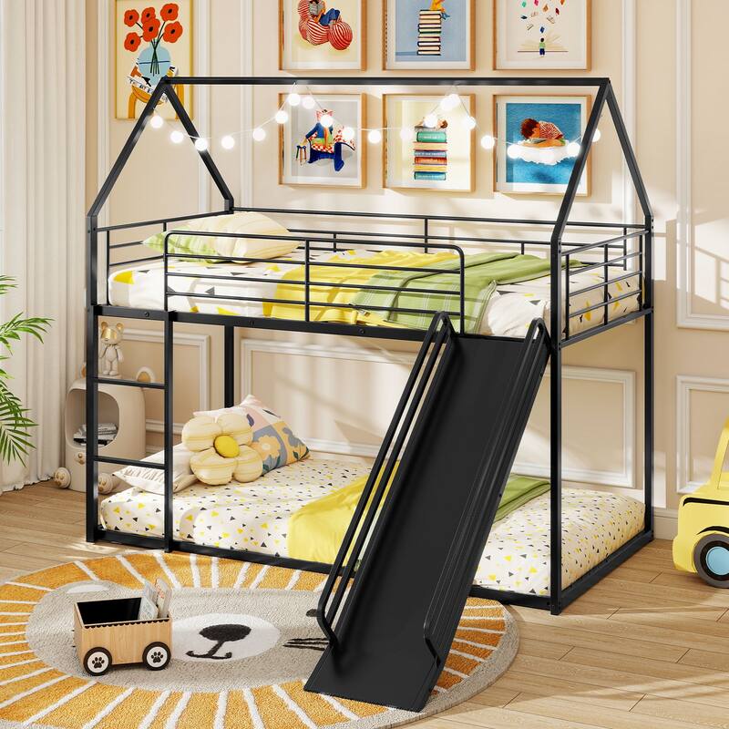 Black Twin Size Metal Bunk Bed with Slide and Ladder Heavy Duty Loft Frame with Guardrails for Kids