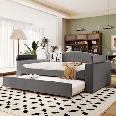 Gray Full Size Upholstered Daybed with Storage Armrests, Trundle, and Bluetooth Audio