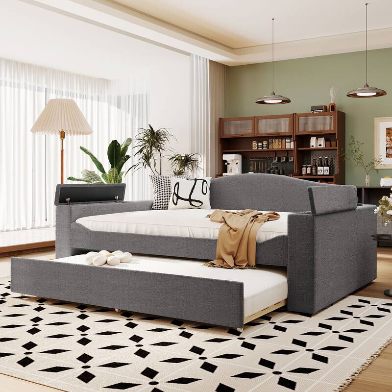 Gray Full Size Upholstered Daybed with Storage Armrests, Trundle & Bluetooth - Gray - Full