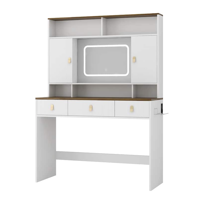 Farmhouse Vanity Desk with Makeup Mirror, Touch Light and Drawers, White Make-up Vanity Dressing Table with Charging Station