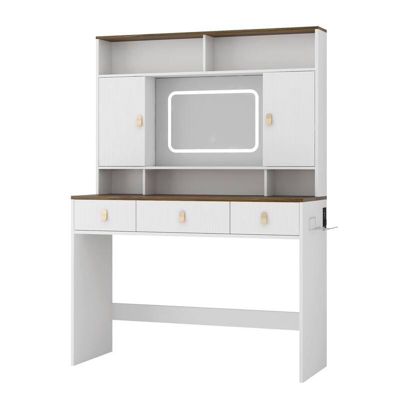 Vanity Set with Hair Dryer Holder, 43" Farmhouse Dressing Table with Lighted Mirror & Makeup Drawer