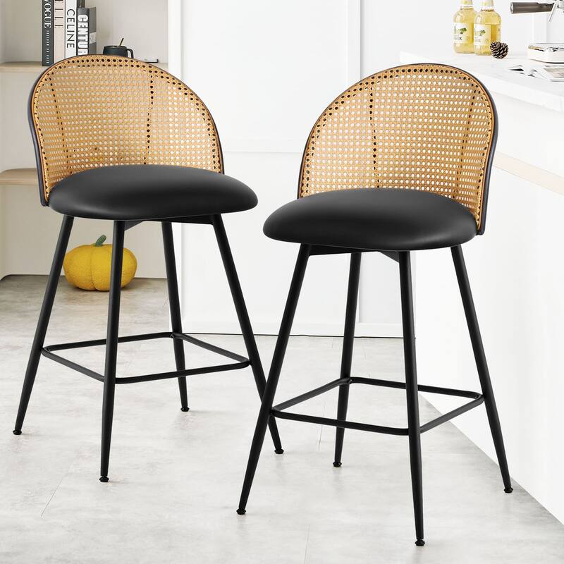Upholstered Swivel Counter/ Bar Stools with Rattan Back - Set of 2 - Leather-Black - Counter Height