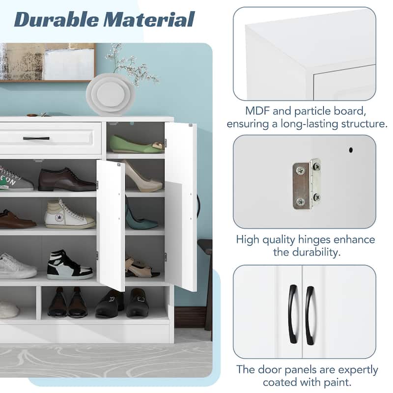 Sleek Shoe Storage Cabinet with Adjustable Shelves, Drawer & Contemporary Design