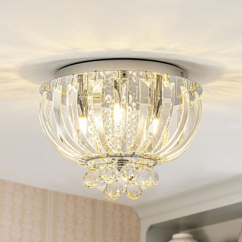 Rennnsan 3-Light Transitional Metal & Crystal Flush Mount with Sparkling Clear Crystal Shade for Living Room