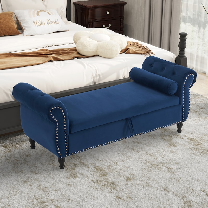 Velvet Storage Rectangular Bench With 1 Pillow,Ottoman For Living Rooms And Entryway