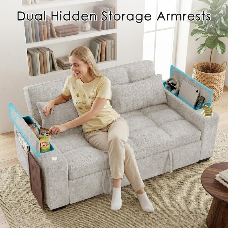 68" Chenille Fabric Sleeper Sofa Bed,Pull Out Couch with 360 Degree Swivel Side Table,USB Port,Cup Holder,Armrest Storage