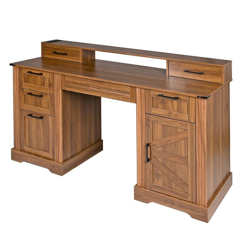 59" Executive Desk with Drawers, Farmhouse Home Office Desk Wood Computer Desk with Charging Station, Keyboard Tray