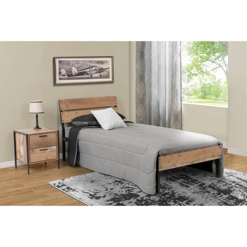 Twin Bed Frame Metal & Wood Style - Rustic Bed with Storage & Sturdy Base