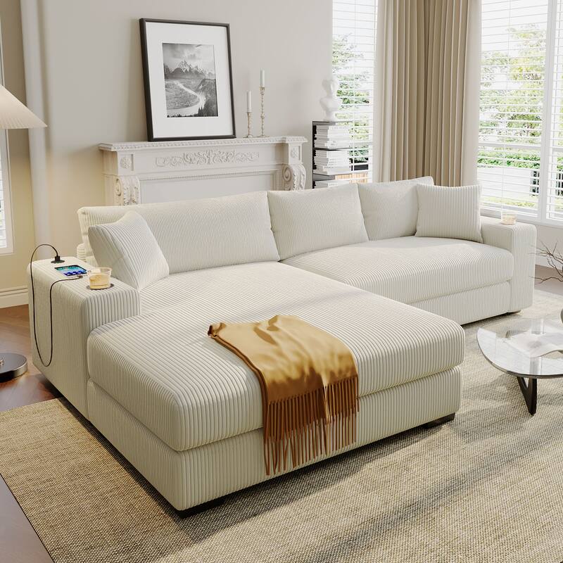 Deep Seat Sleeper Sofa Sectional Sofa Bed Built-in Cup Holders, Charging Ports - Beige