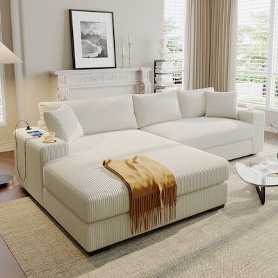 Large Sectional Sofa, Beige Corduroy, 112x59x32 inches, 175 lbs
