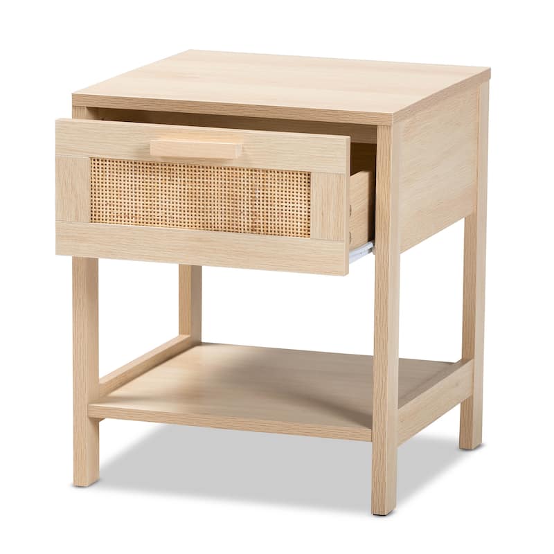 Baxton Studio Sebille Mid-Century Modern Light Brown Finished Wood 1-Drawer End Table with Natural Rattan