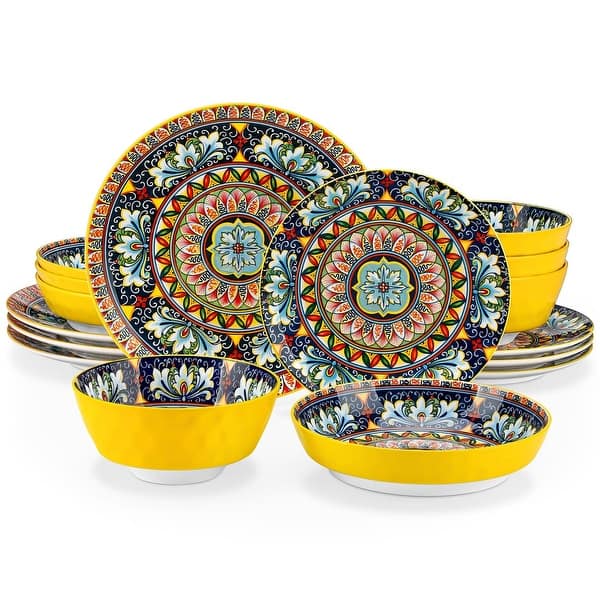 slide 2 of 8, vancasso SIMI 16-piece Bohemian Porcelain Pattern Dinnerware Set Yellow - 16 Piece