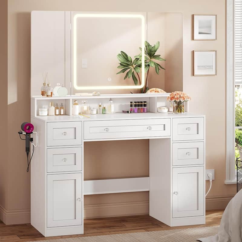 Makeup Vanity Trifold Mirror Charging Station 5 Drawers LED Light Hidden Jewelry Hook
