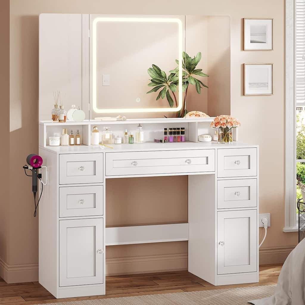 Makeup Vanity Trifold Mirror Charging Station 5 Drawers LED Light Hidden Jewelry Hook