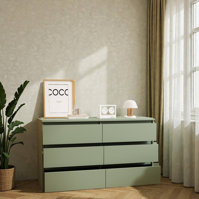 Large 6 Drawer Dresser Chest, Green Wooden Storage Cabinet with Extra Deep Drawers for Bedroom