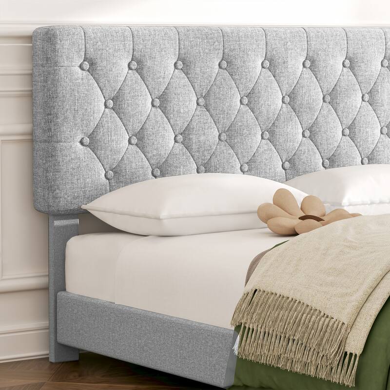 Linen Upholstered Headboard Bed Frame with Large Hidden Storage, 4 Underbed Drawers with Pulleys