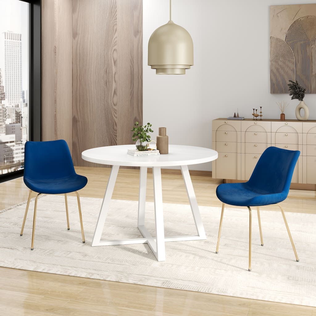 Minimalist Breakfast Nook Dining Table, 3-Piece Round Dining Set with Velvet Blue Upholstered Chairs