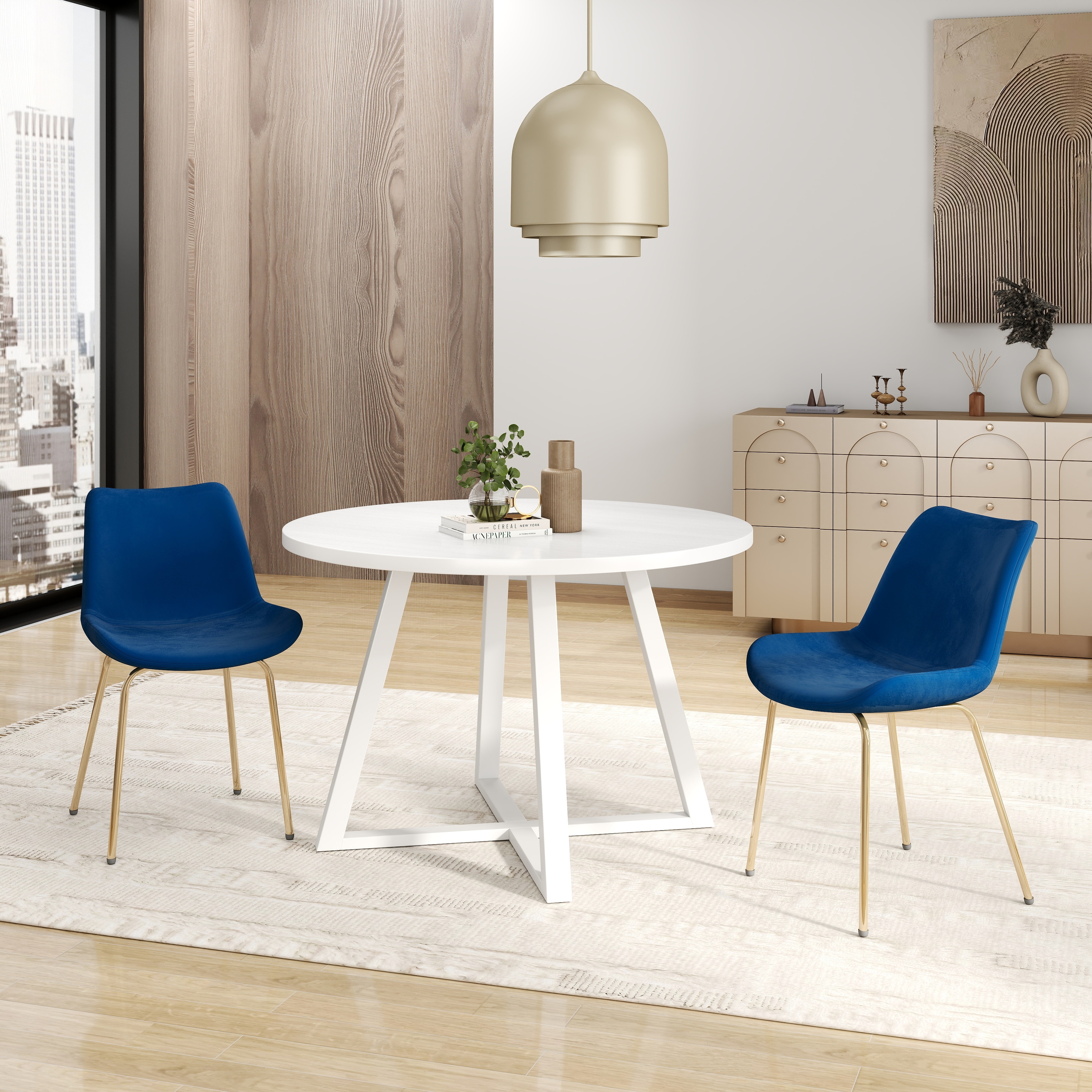 White/Blue 3 Piece Modern Kitchen Set for Small Spaces Contains Round Table with Pedestal and 2 Dining Side Chairs