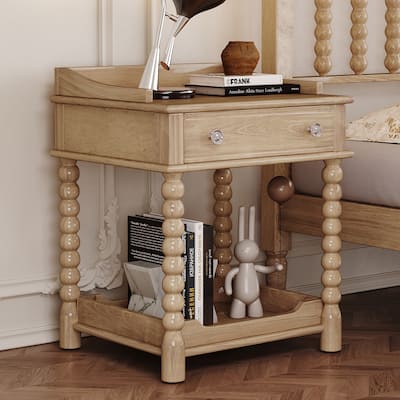 Natural Retro Nightstand with Drawer and Open Shelf, Turned Legs and Metal Handle, Bedside Table for Bedroom