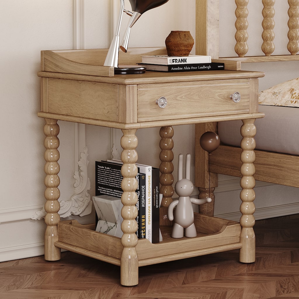 Vintage Wood Nightstand with Drawer and Open Shelf, Turned Legs for Bedroom Living Room