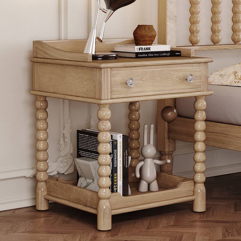 Wooden Nightstand with Drawer and Open Shelf, Accent Nightstand with Turned Legs, Sofa Side Table with Metal Handle - Natural