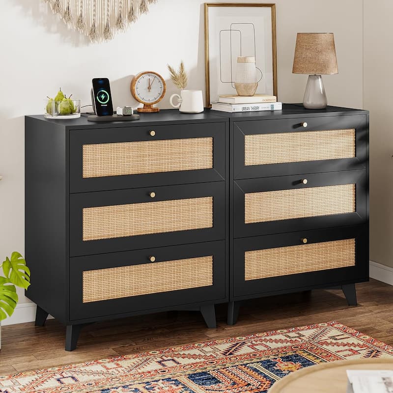 Rattan Nightstand for Bedroom Charging Station USB Ports LED Lights