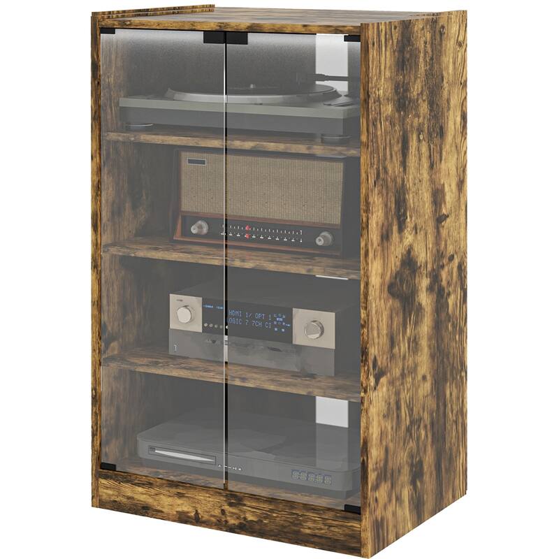 4 Tier Wood Cabinet with Adjustable Shelves,Tempered Glass Doors