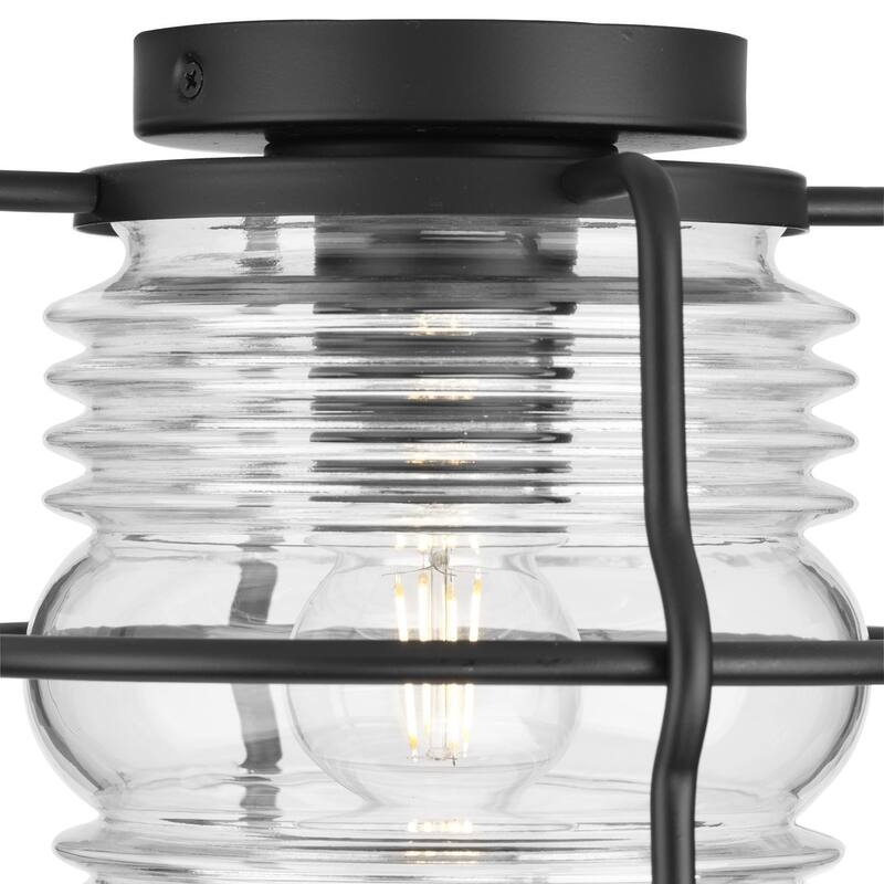 Keegan Collection One-Light Matte Black Clear Glass Coastal Outdoor Flush Mount Light - 9.75 in x 9.75 in x 8.65 in