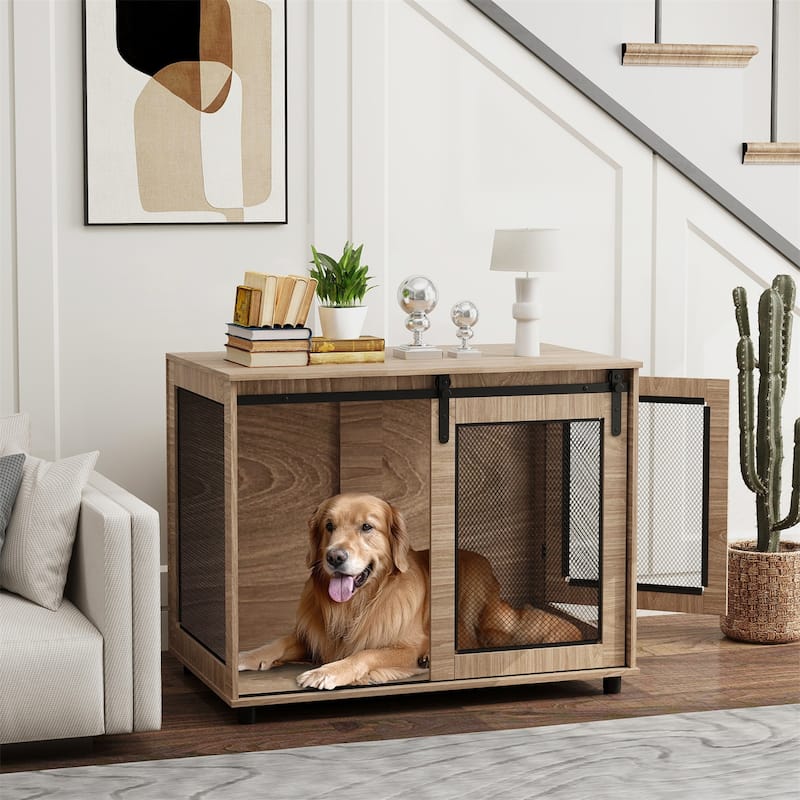 Walnut Brown Dog Crate Furniture with Barn Door Side Door Fine Mesh and Adjustable Feet - Brown